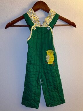 Sears Green Quilted Kids Overalls with Yellow Chick Applique